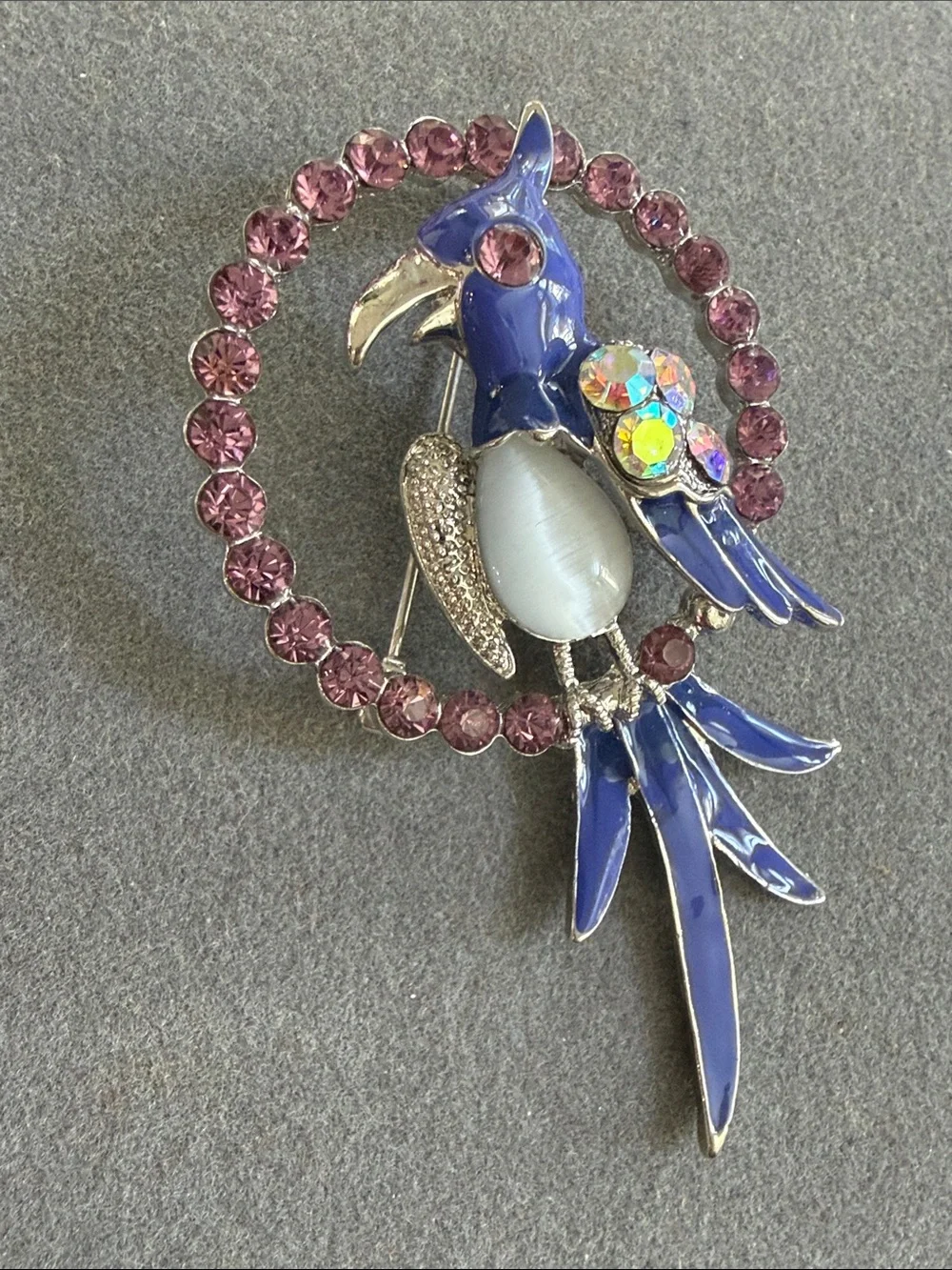 Vintage Blue Parrot Crystal Brooch Pin